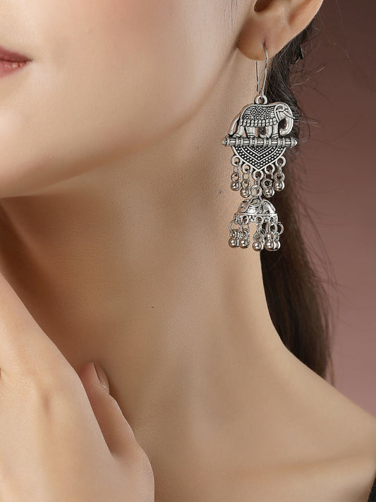 NVR Women's Silver-Toned Elephant Design German Silver Oxidised Dome Shaped Jhumka Earrings 