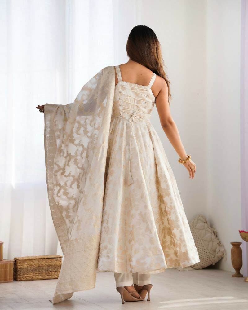 Lehenga Mart Designer Anarkali Suit With Kurta, Pant, Dupatta For Women-Off White