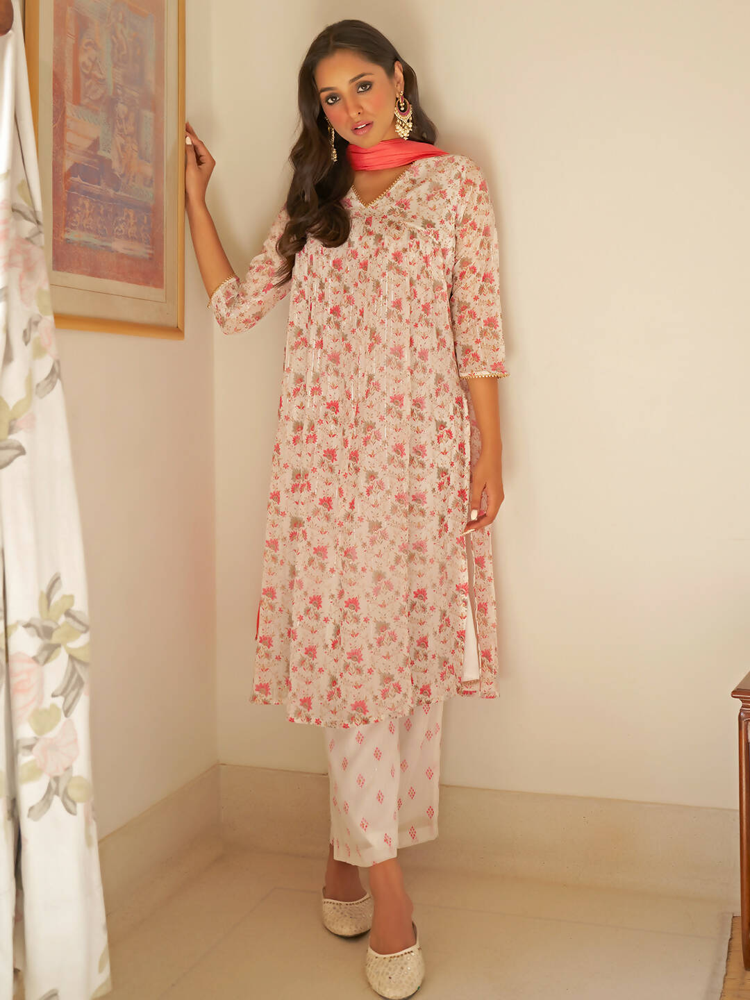 Janasya Women's White Chiffon Lurex Floral Printed Festive Straight Kurta Set 
