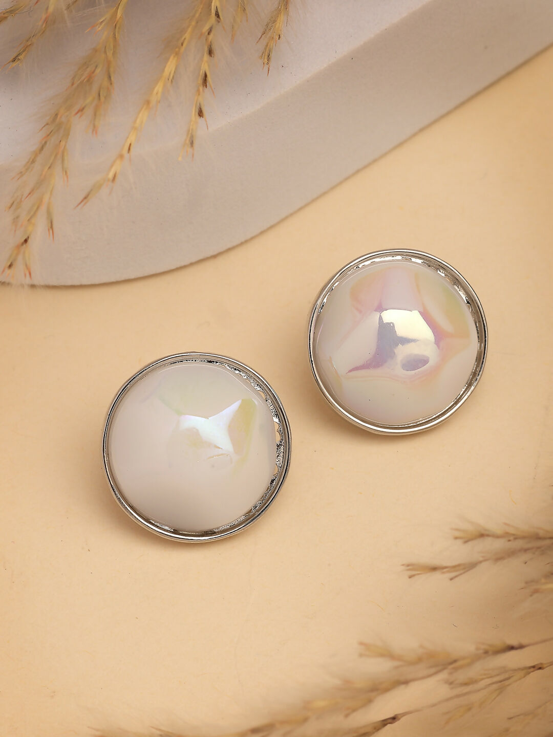 NVR Wome's Silver-Plated Pearl Studded Circular Studs Earring 