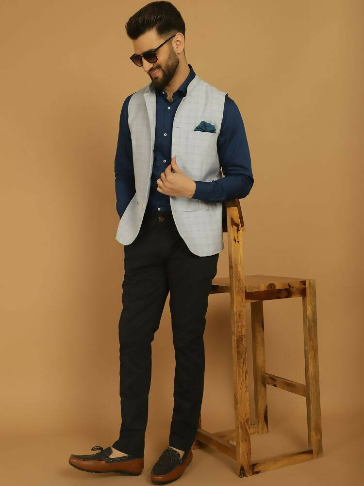 Even Apparels Nehru Jacket With Welt Pockets - Blue 