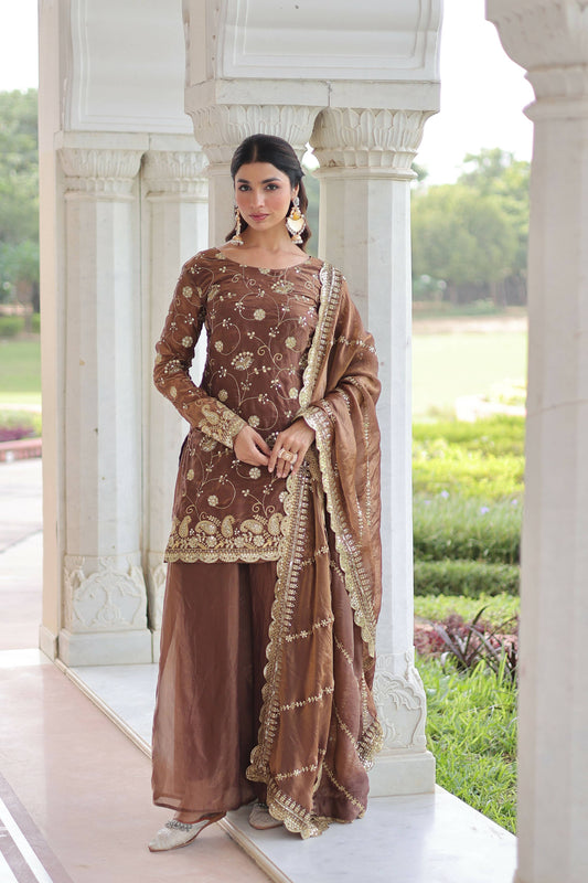 Joban Fashion Coffee Readymade Kurta Set With Sequence embroidery Work