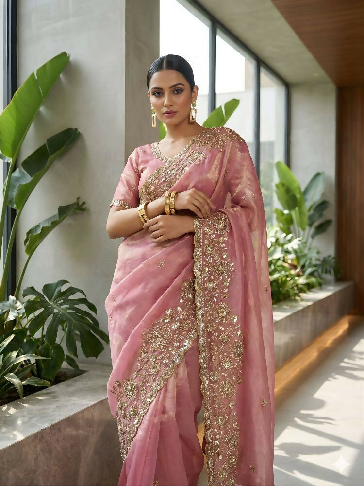 Joban Fashion Pink Fandy Satin Silk Party Wear Sarees