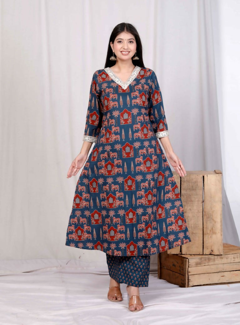 Miravan Women's Blue Pure Cotton Animal Printed Zari Lace Work Anarkali Kurta And Palazzo Set
