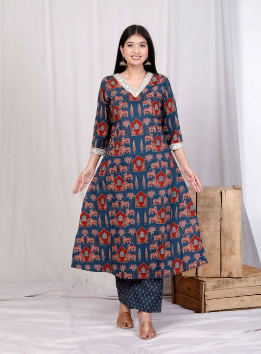 Miravan Women's Blue Pure Cotton Animal Printed Zari Lace Work Anarkali Kurta And Palazzo Set