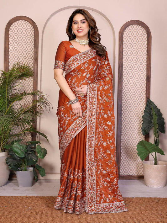 Teeya Creation New Trendy Stylish Party Wear Silk Saree-Orange