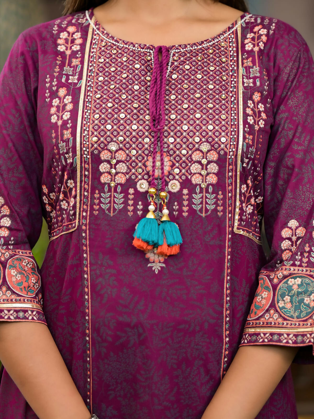 Juniper Women's Plum Floral Printed Liva Rayon Kurta Pant And Dupatta Set With Thread Work Gota Patti & Beads