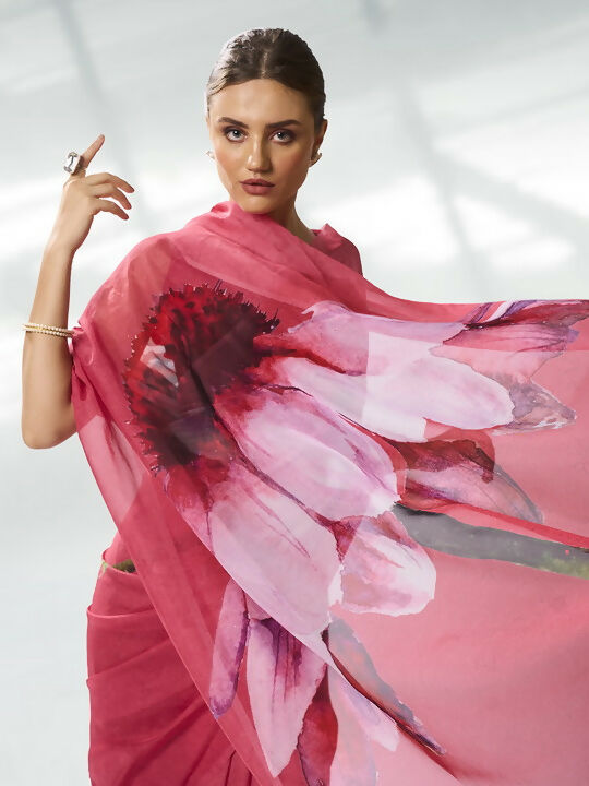 Burgundy Organza Designer Printed Saree - Shezlin