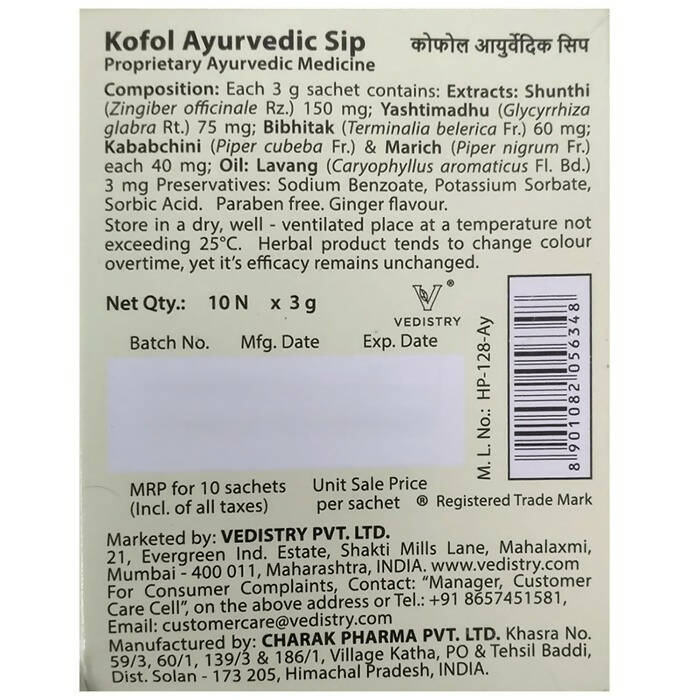 Charak Pharma Kofol Ayurvedic Sip Instant Kadha Sachet Sugar-Free 