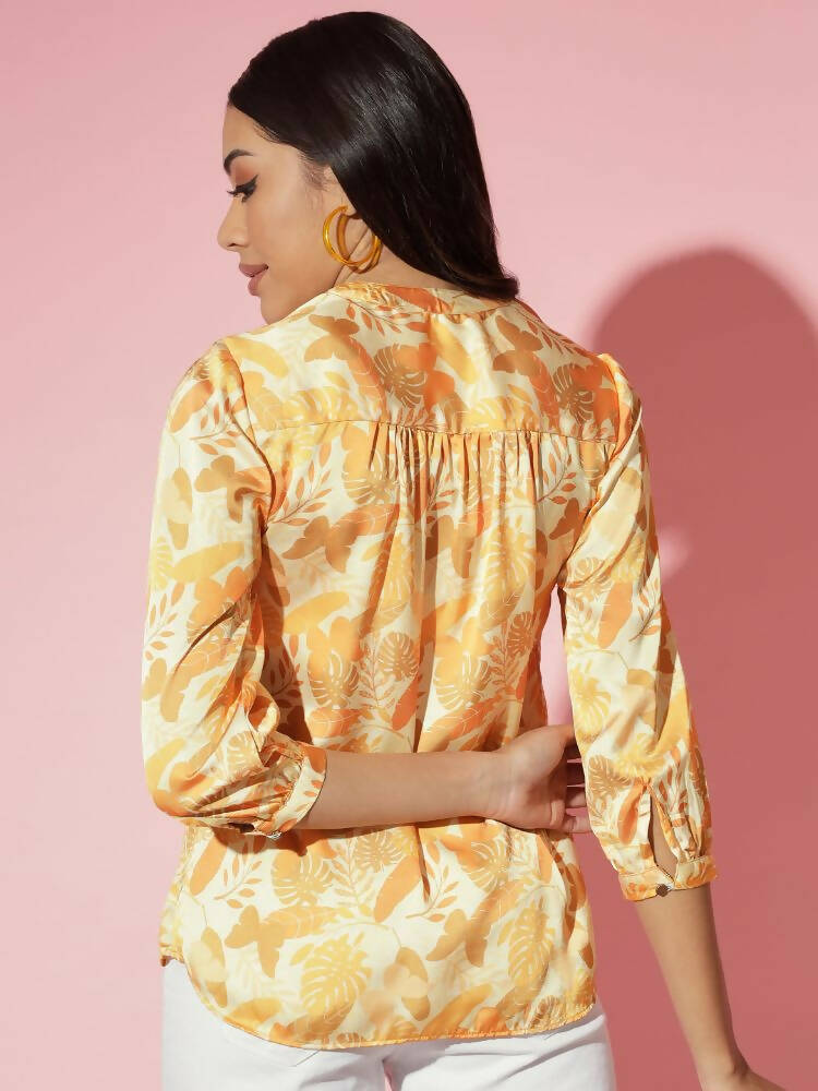 Myshka Women Mustard Floral V-Neck Regular Sleeves Polyester Top