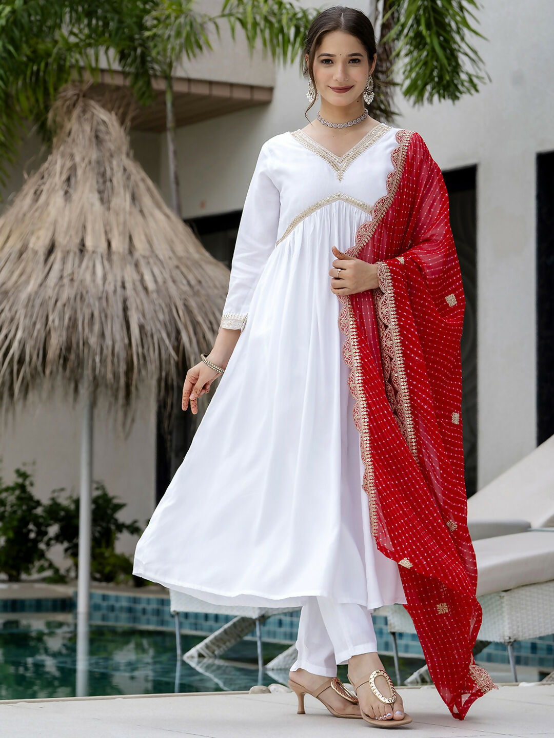 The52 White Women's Gorgeous Embroidered Chanderi Fabric Straight Kurta, Pant and Dupatta Set | Grab2Buy