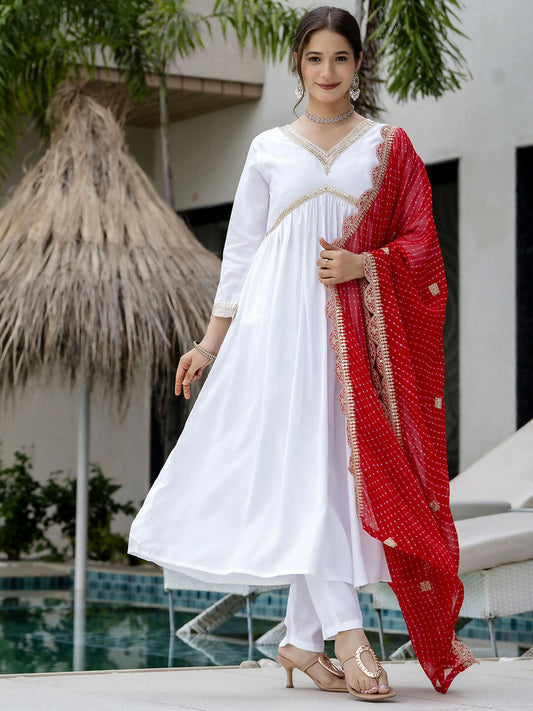 The52 White Women's Gorgeous Embroidered Chanderi Fabric Straight Kurta, Pant and Dupatta Set | Grab2Buy