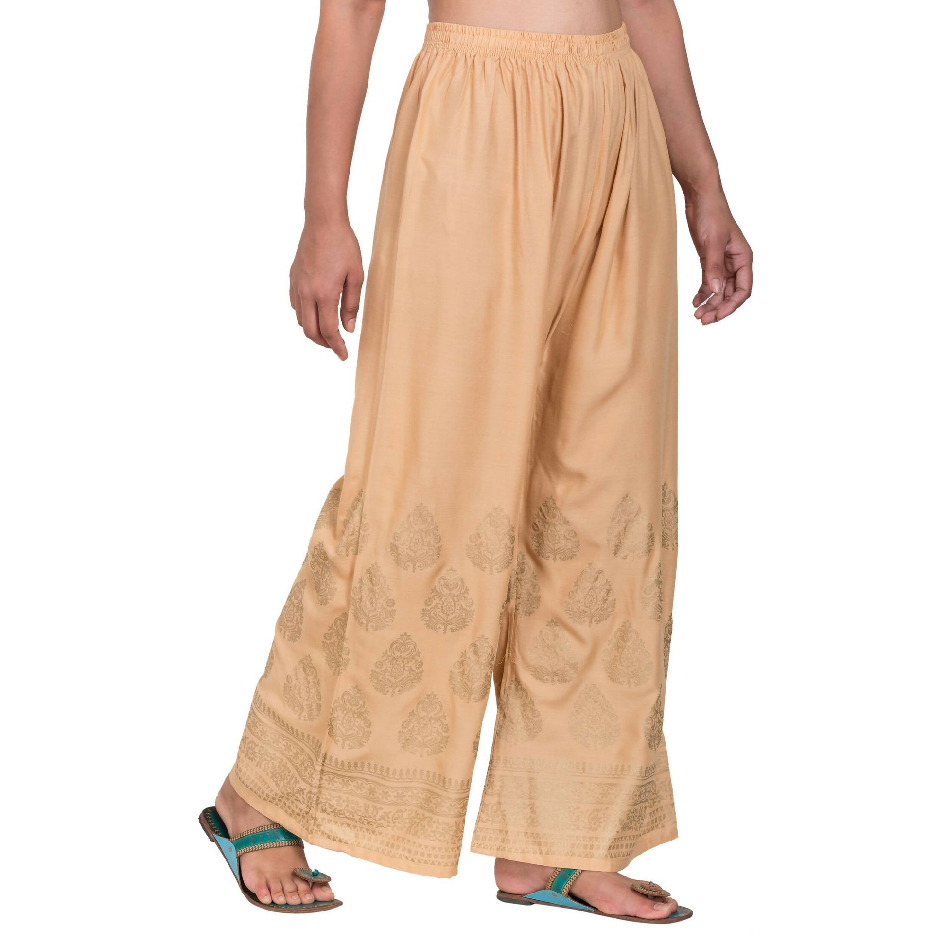 PAVONINE Beige Color Golden Printed Rayon Fabric Sharara For Women & Girls