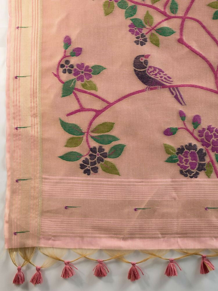 Vishnu Weaves Women's Pink Muga Cotton Thread Woven Butti with Blouse 