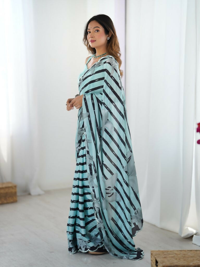 Sea Green Chinon Designer Digital Printed,Mirror Cut Work Saree - Manvika