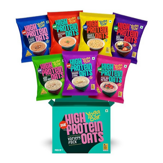 Yoga Bar High Protein Oats - Combo Flavors: Korean Fire, Mum's Masala, Dark Chocolate, Fruit Nuts Seeds, Kesar Pista Kulfi, Banana Creme, Filter Kappi  Grab2Buy Yoga Bar Grab2Buy