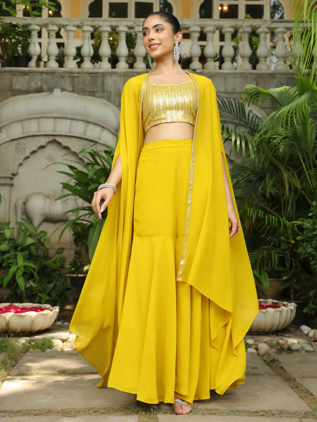 Janasya Yellow Georgette Sequined Top Bottom Cape 