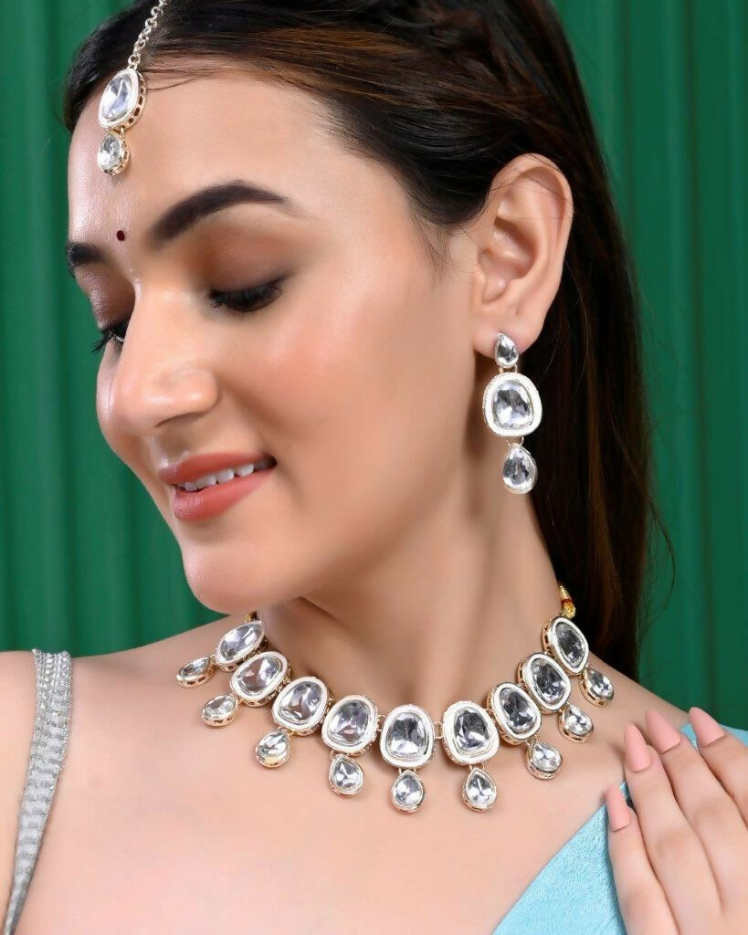 VOJ Kundan Studded Silver Plated White Color Jewellery Set with MaangTikka - Grab2buy