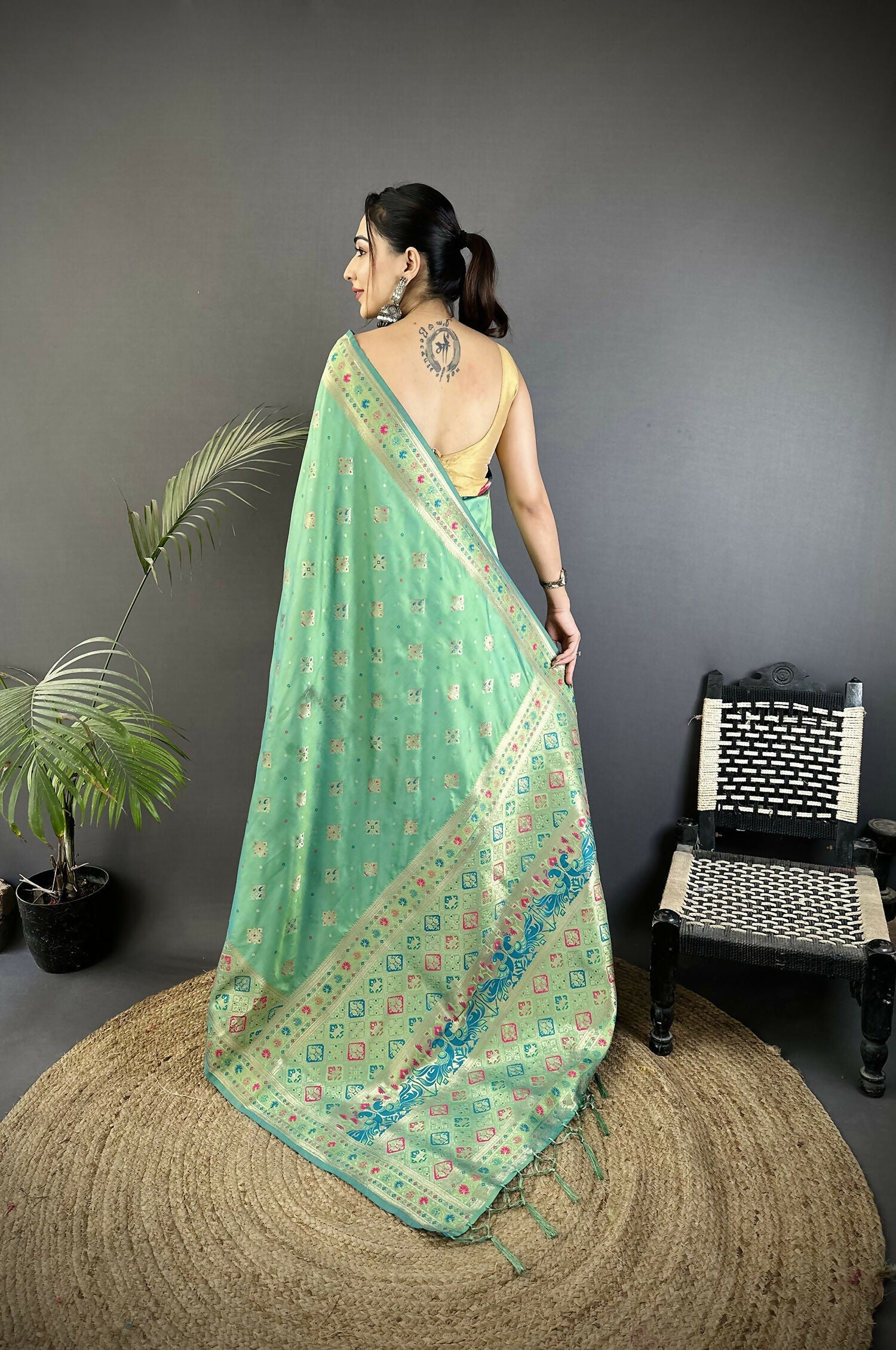 Joban Fashion Sea Green Geometric Pattern Soft Silk Patola Saree