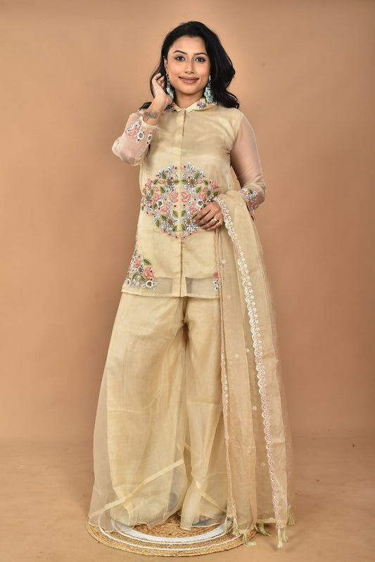Morchari Women And Hand Embroidery Palazzo Set-Beige 