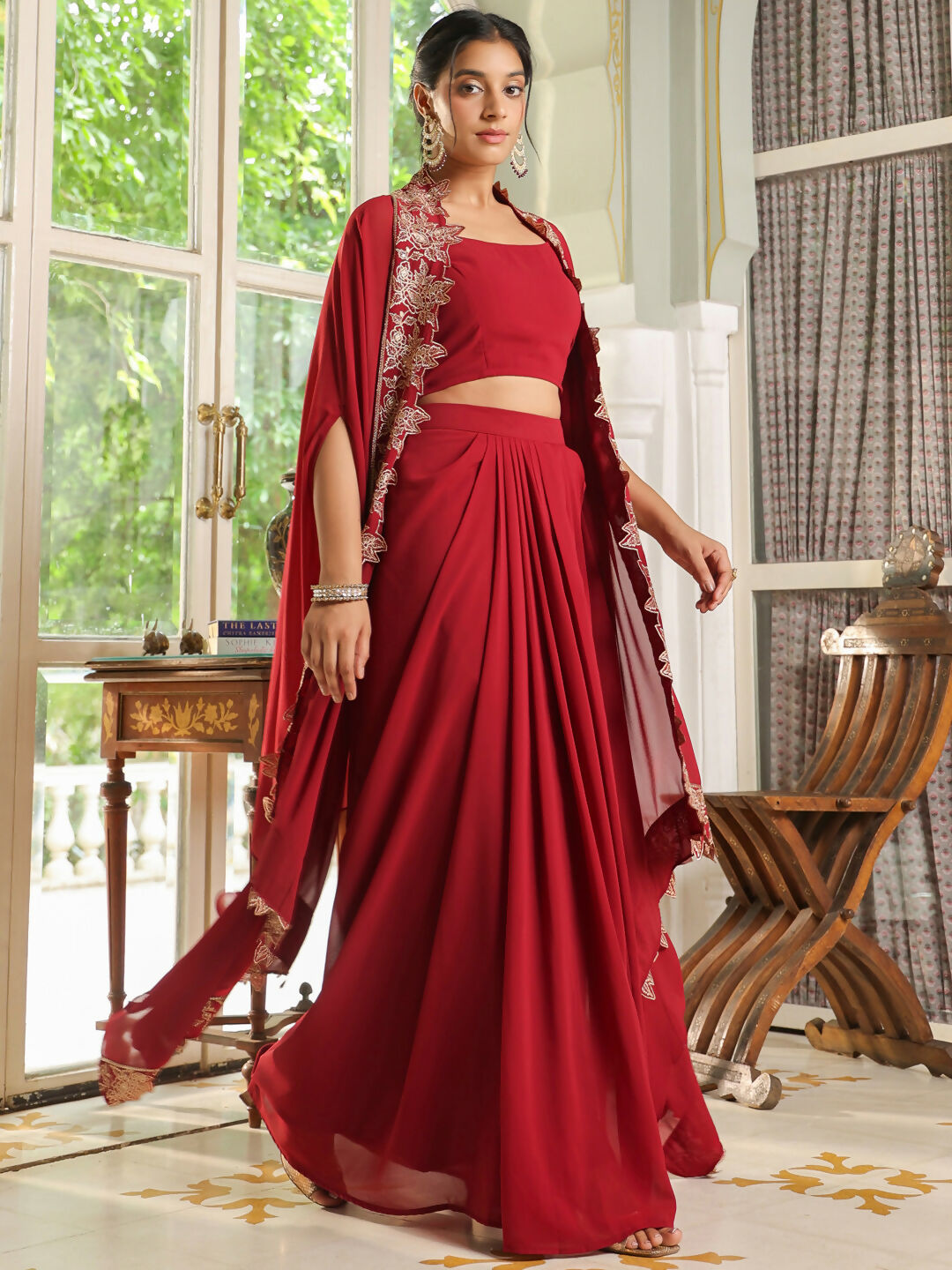 Janasya Maroon Georgette Solid Top Bottom Cape 