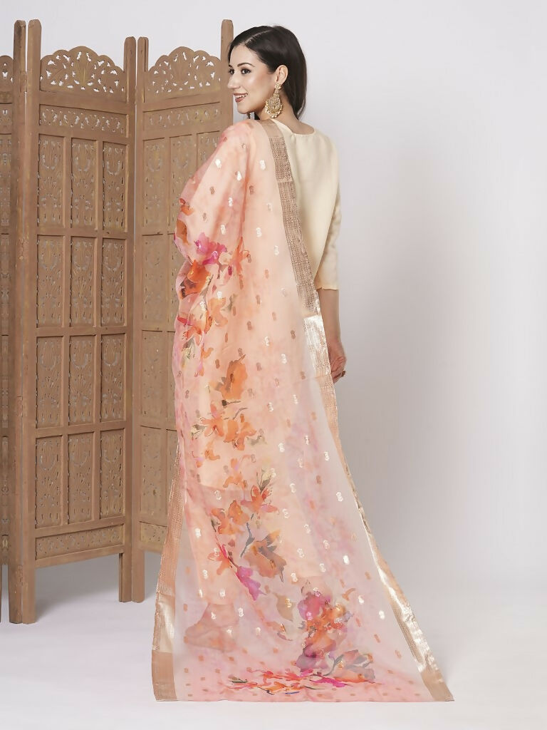 Peach PV Chanderi Embroidery Work,Printed Kurta Set - Riya