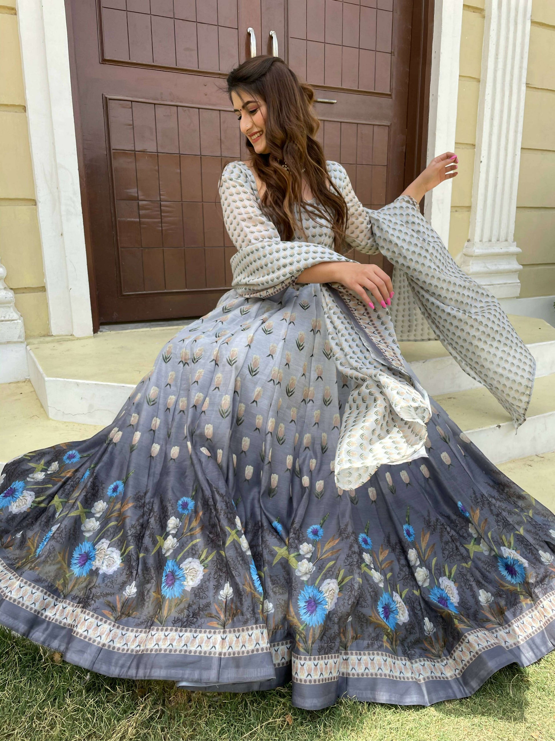 Partywear Designer Gray Chanderi Suit - Anbazaar