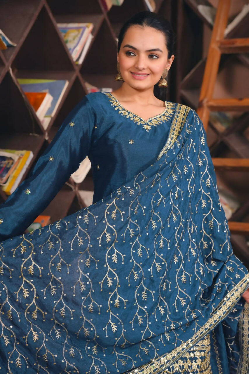 Teeya Creation Blue Color Chinon Silk Wedding Wear Trending Palazzo Set