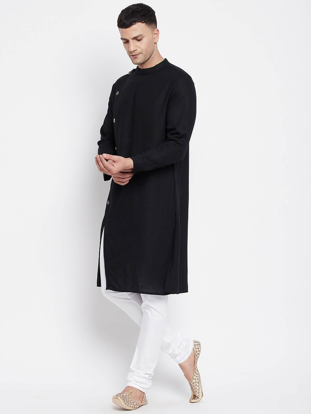 Even Apparels Black Pure Cotton Men's Sherwani Kurta With Asymetrical Cut 