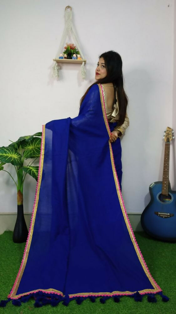 Exclusive Collection Beautiful Khadi Cotton Handloom Grab2Buy With Beautiful Zari Border - Royal Blue 