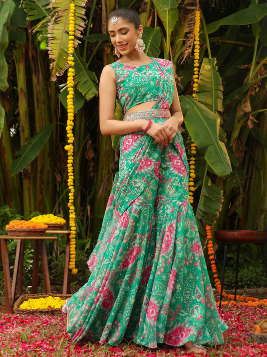 Janasya Green Georgette Floral Grab2Buy 
