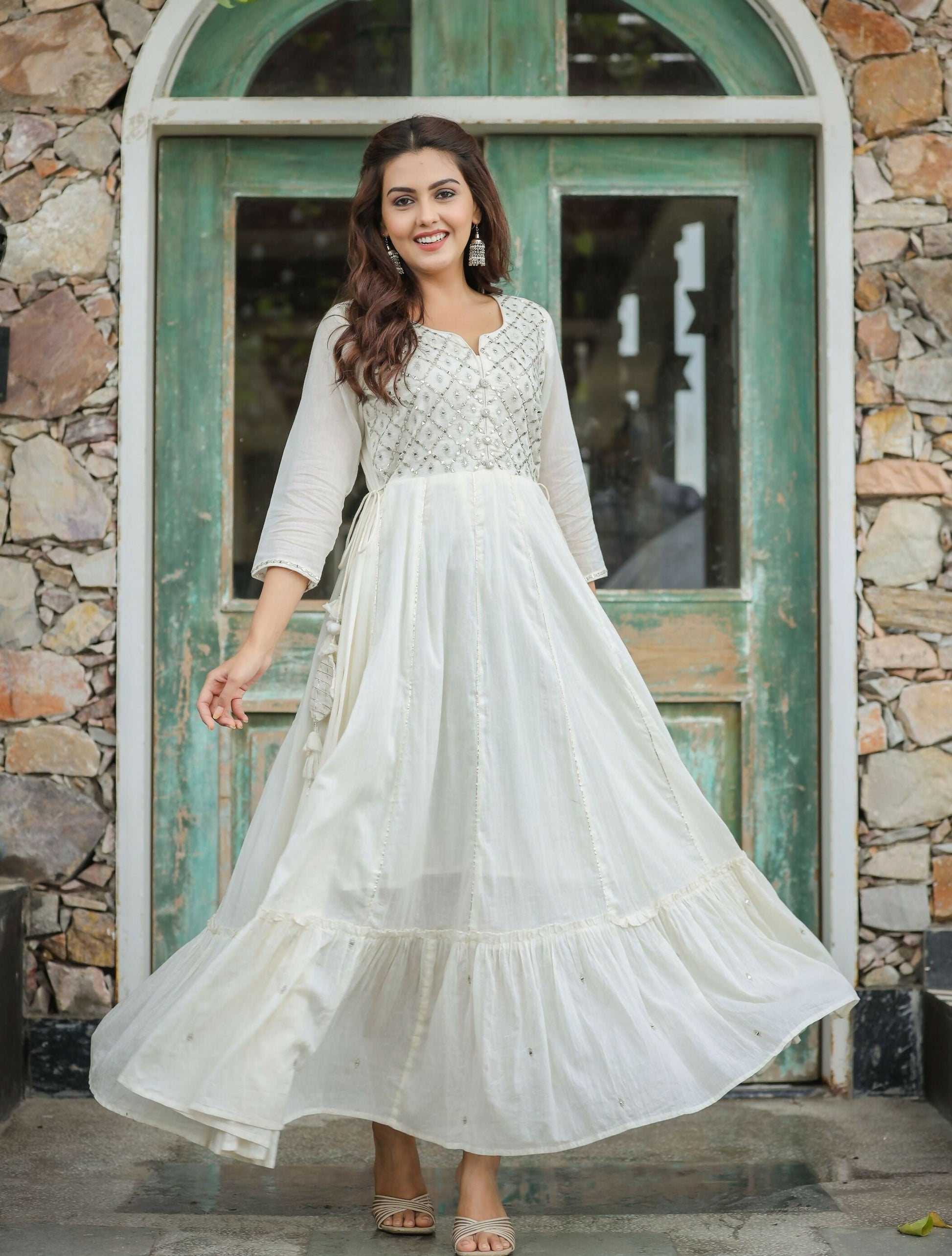 Kaajh Women's Off-White Floral Embroidered Cotton Ethnic Dress