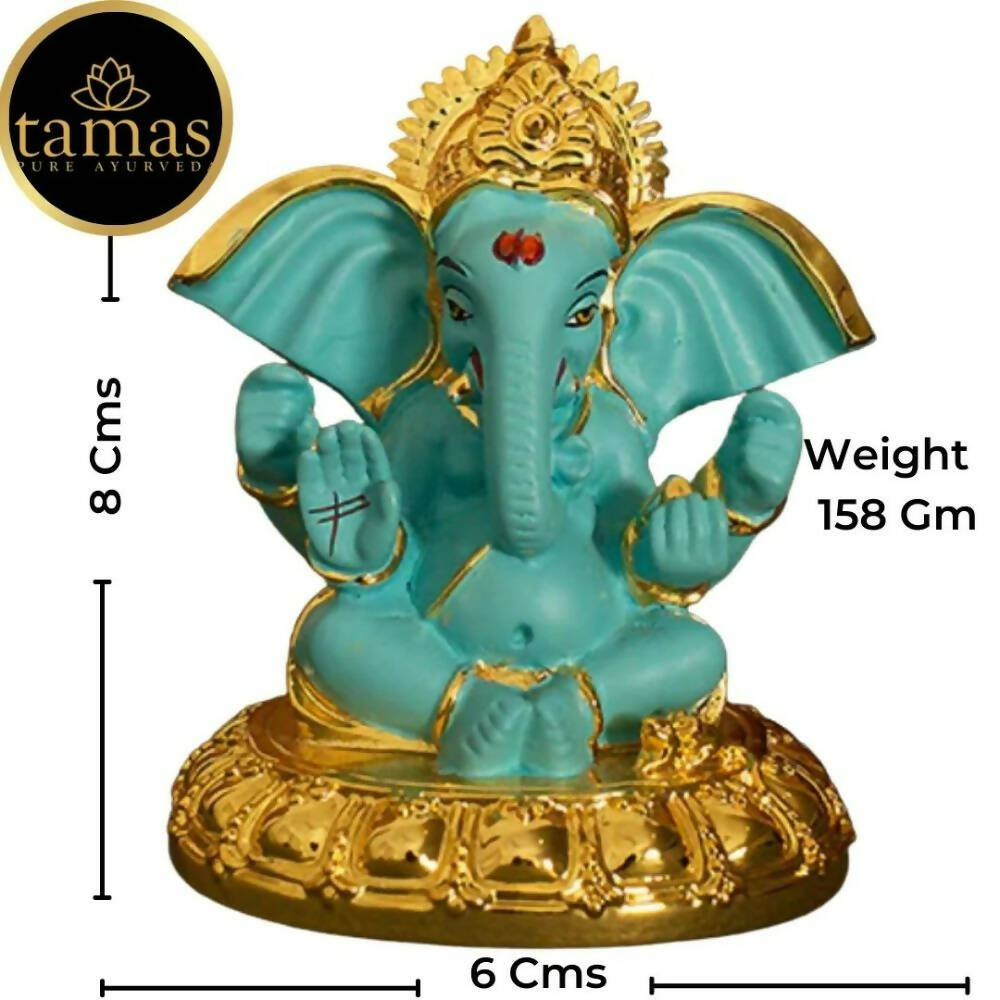 Tamas Gold-Polished Gaj Karna Ganesh Idol Flora Blue & Gold Color 