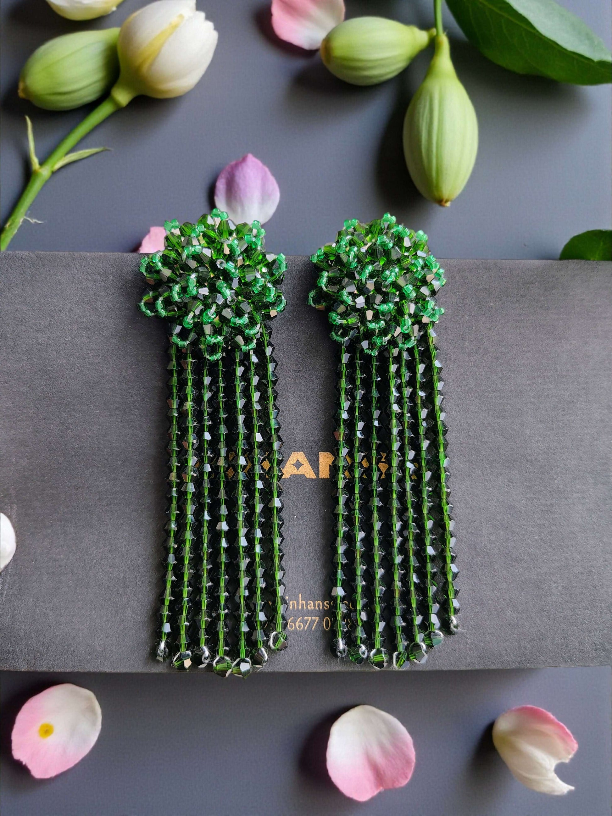 Inhanns Handmade Crystal Waterfall Earrings - Long - Dark Green Big