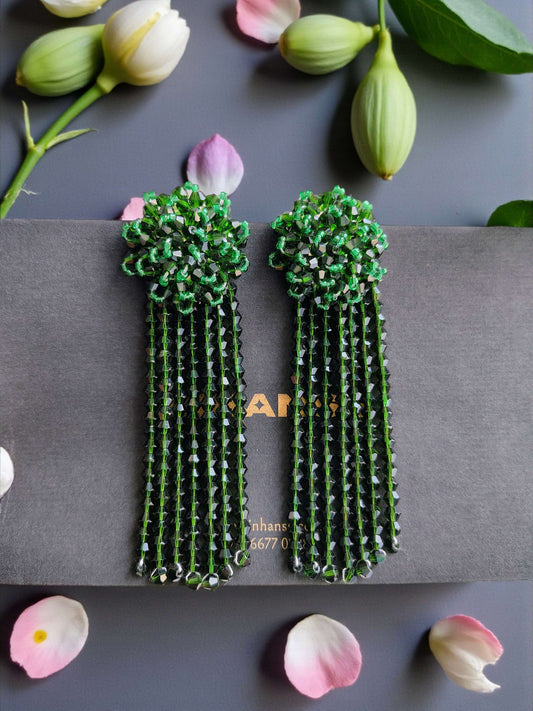 Inhanns Handmade Crystal Waterfall Earrings - Long - Dark Green Big