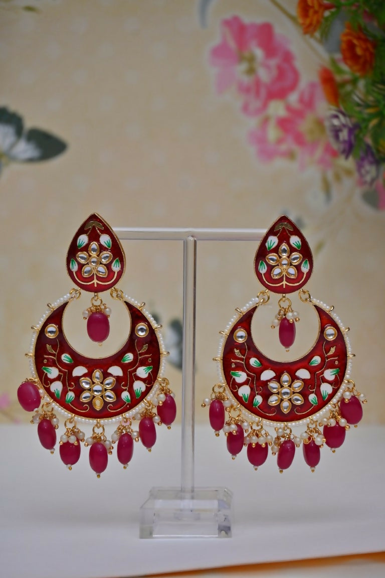 Red Gold-Polished Brass & Pearl Dangle Women Earrings| Hand Painted Meenakari Chandbali Traditional Ethnic Wear Earrings By House of Ree House of Ree