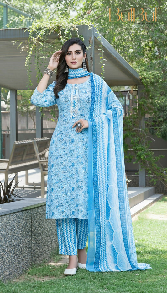 BulBul Fashionista Blue Cotton Kurta Set with Dupatta