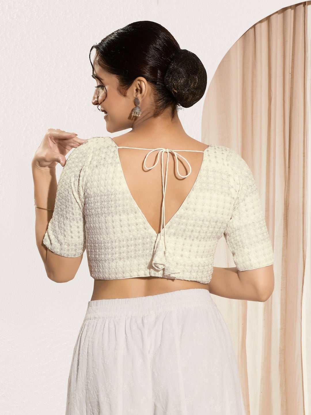 Joban Fashion Off White Crochet Padded Blouse With V Neck Elbow Sleeves