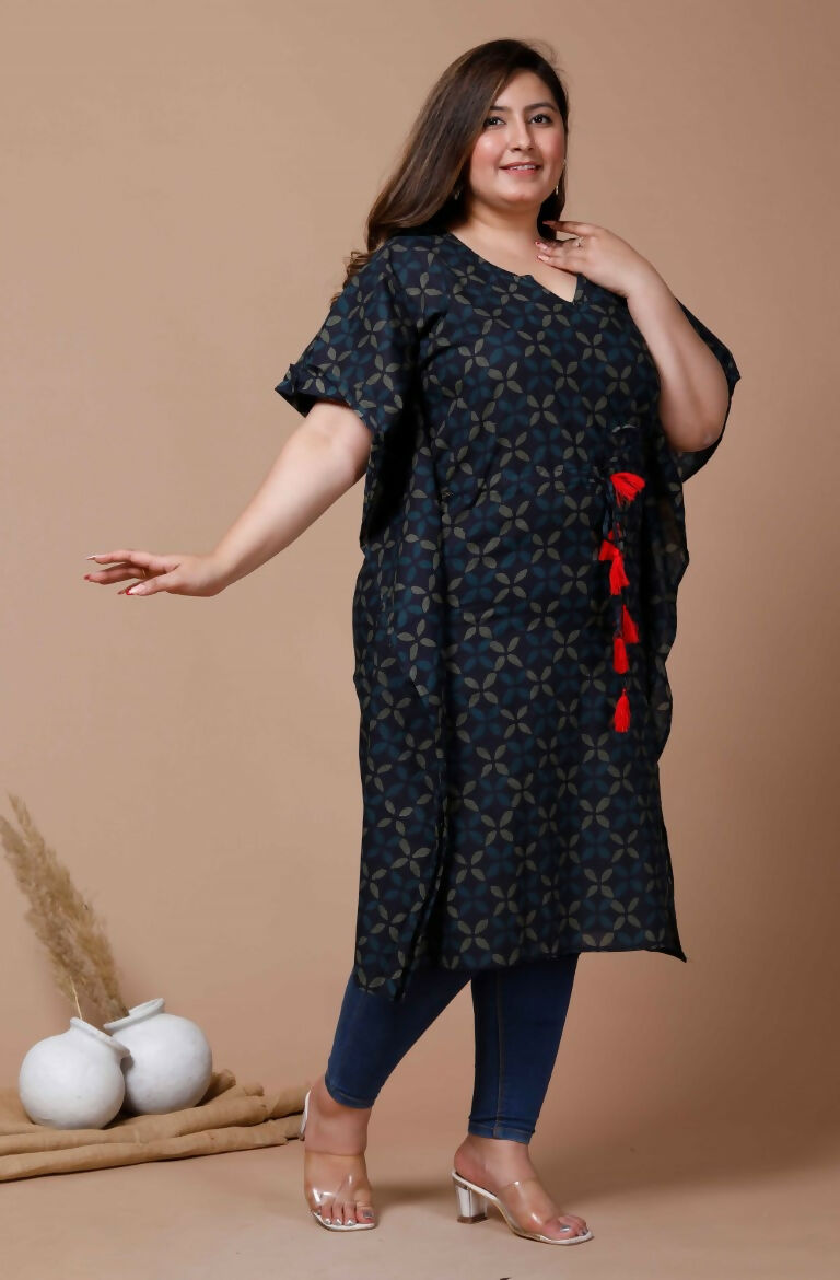 Miravan Women's Plus Size Navy Blue Printed Flared Sleeves Kaftan