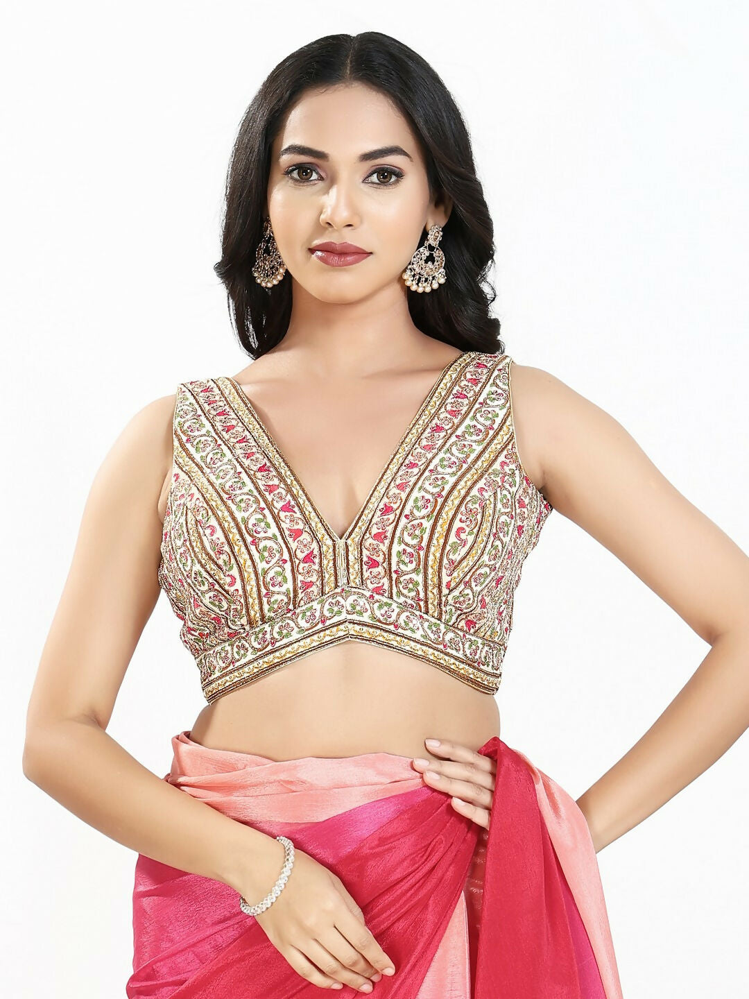 Joban Fashion Cream Multi Georgette Padded Blouse With V Neck Sleeveless