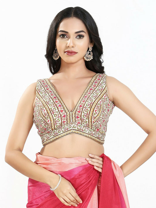 Joban Fashion Cream Multi Georgette Padded Blouse With V Neck Sleeveless