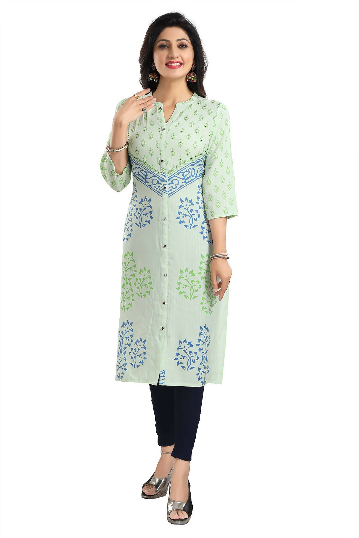 Snehal Creations Green Rayon Textured Print Long Kurta For Women