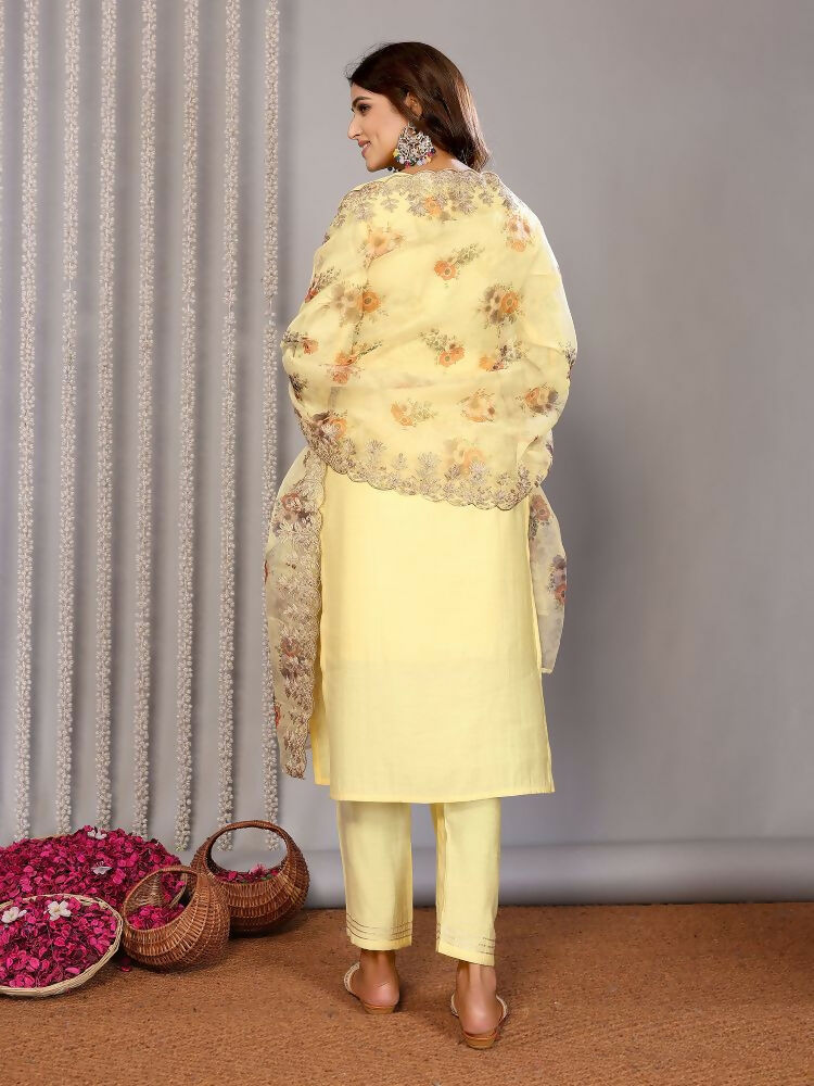 Joban Fashion Women Pale Yellow Roman Embroidery Stitched Kurta Set