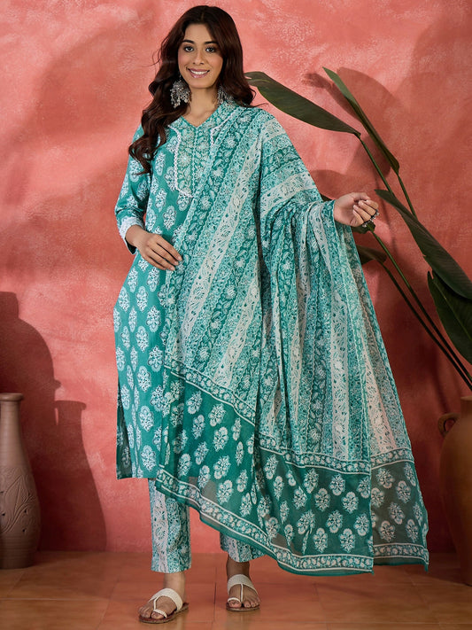 Joban Fashion Printed Teal Pure Cotton Kurta Set