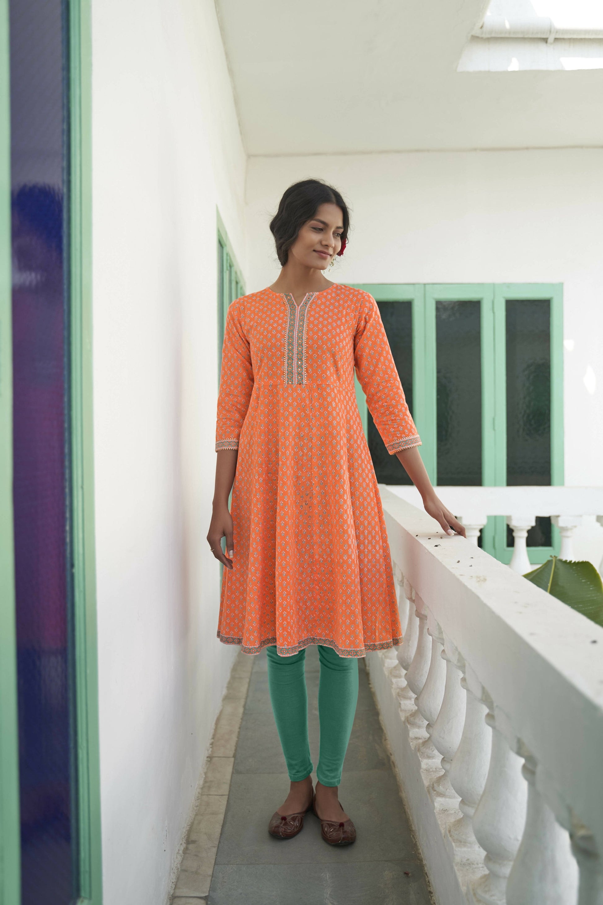 Orange Cotton Floral Printed A line Kurta - Prasuti