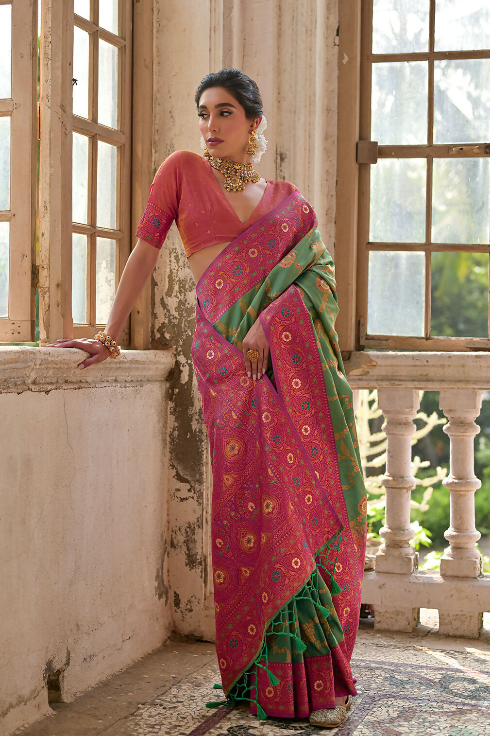 Vishnu Weaves Women's Pista Banarasi Silk Zari Woven Grab2Buy with Blouse 