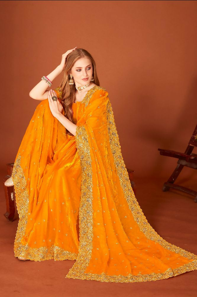 PR Fashion Mustard Fendi Two Tone Silk Heavy Zari Embroidery Work With Heavy Siroski Work Saree