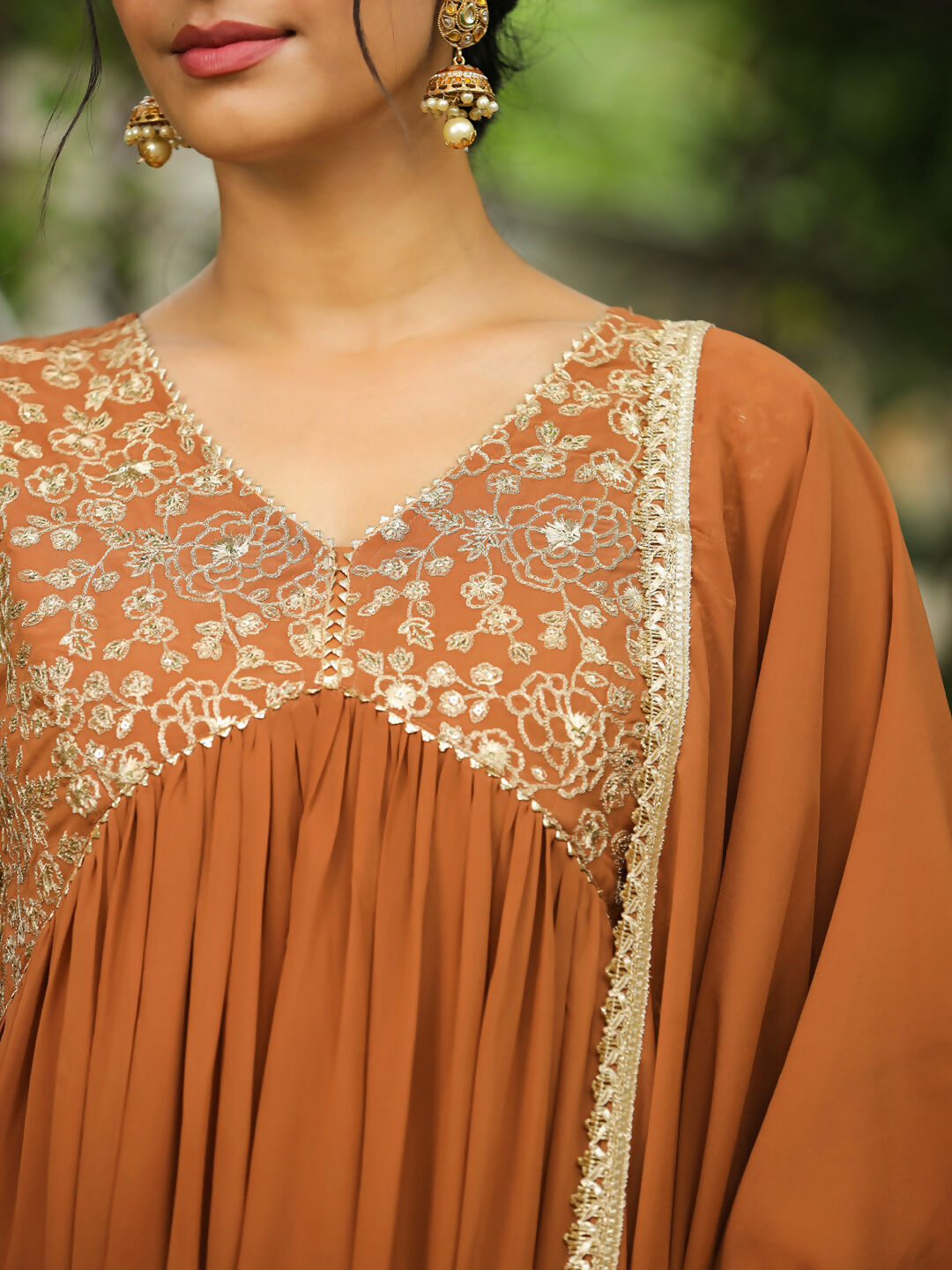 Janasya Brown Georgette Yoke Embroidery Kurta,Bottom & Dupatta 