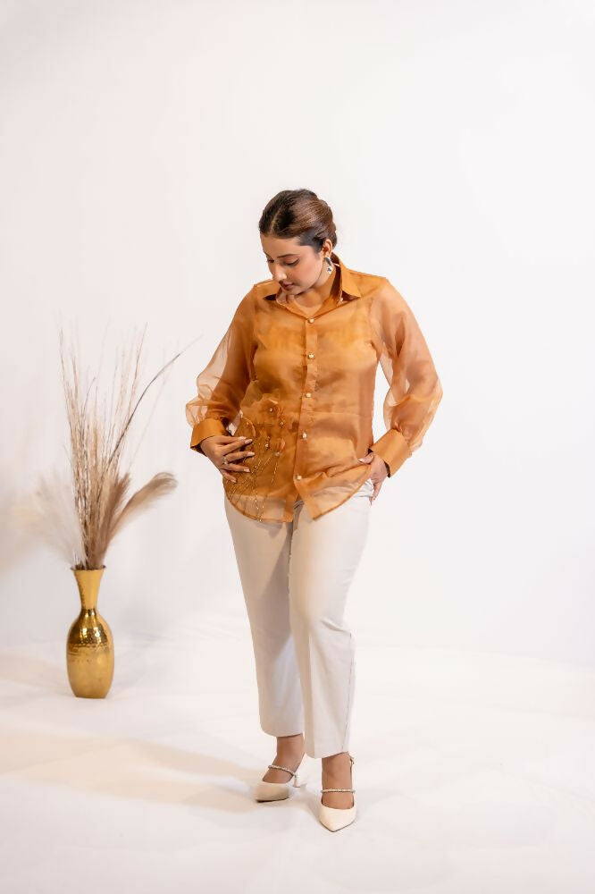 Timaraa Rust Brown Organza Shirt With Pearl & Katdana Embellishment  Grab2Buy Timaraa Grab2Buy