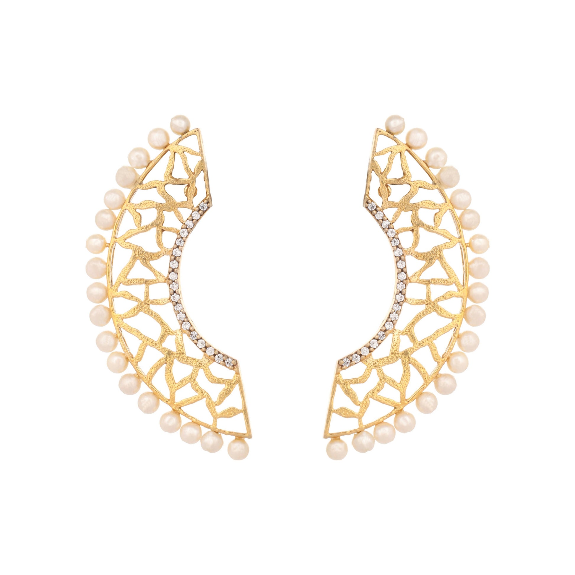 Nuyug 22K Gold-Plated Zircon Studded & Pearl Beaded Contemporary Shaped Statement Stud Earrings | Swadesiicart